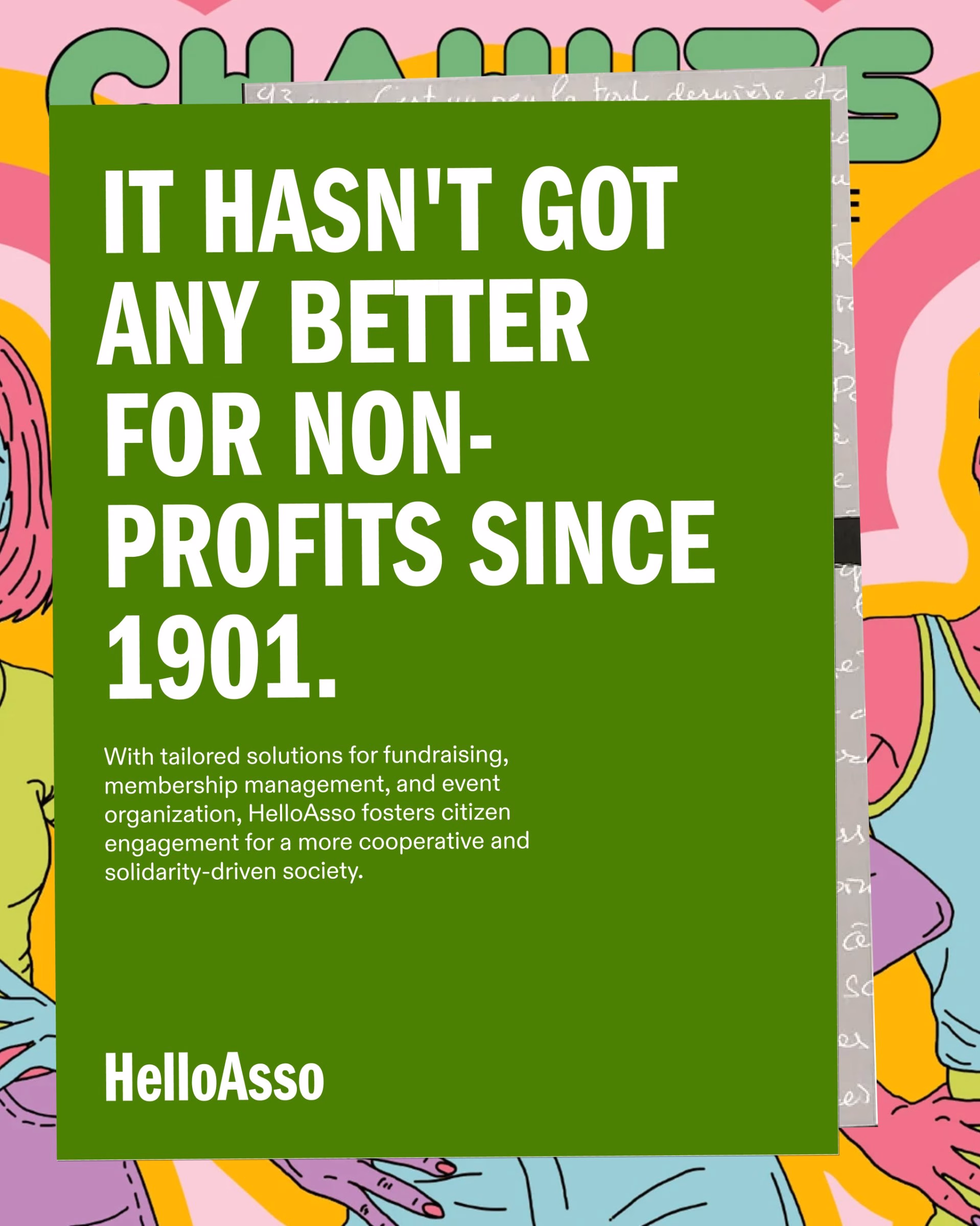 Colorful design featuring bold typography on a green background, promoting HelloAsso's nonprofit engagement solutions.