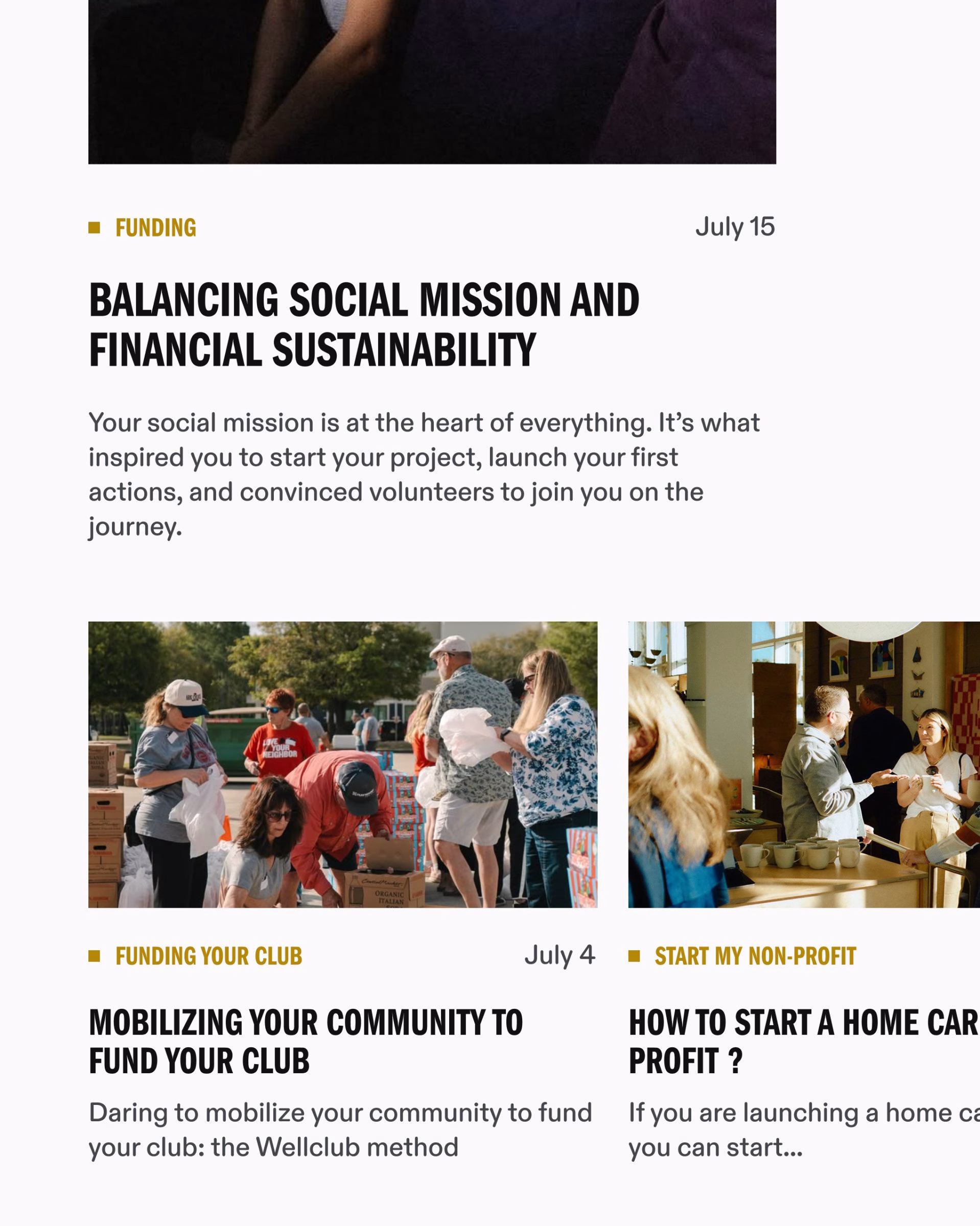 A vibrant layout features headings and images related to nonprofit funding, showcasing modern typography and bright colors.