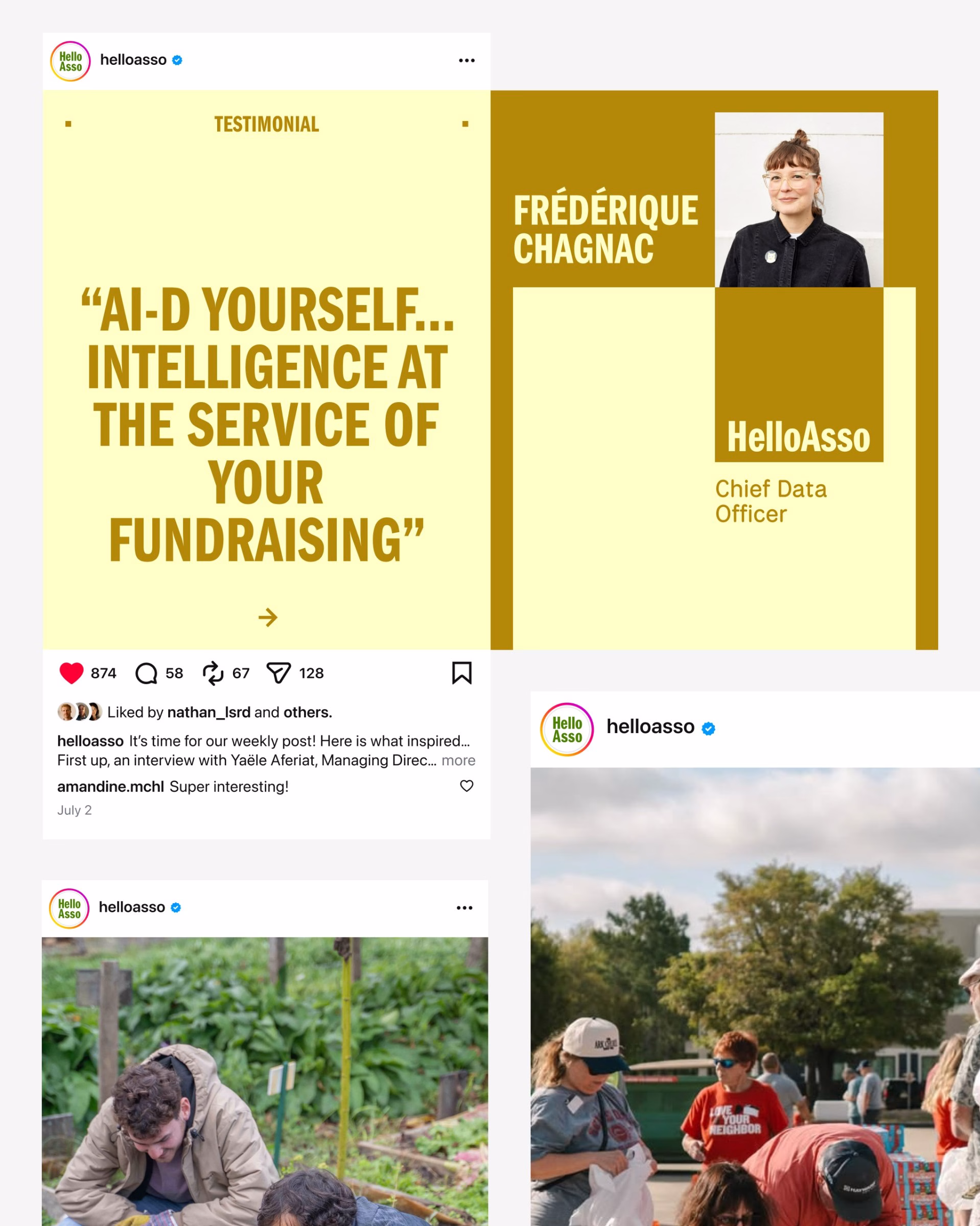 Testimonial layout featuring bold typography and a yellow background, showcasing Frédérique Chagnac from HelloAsso.