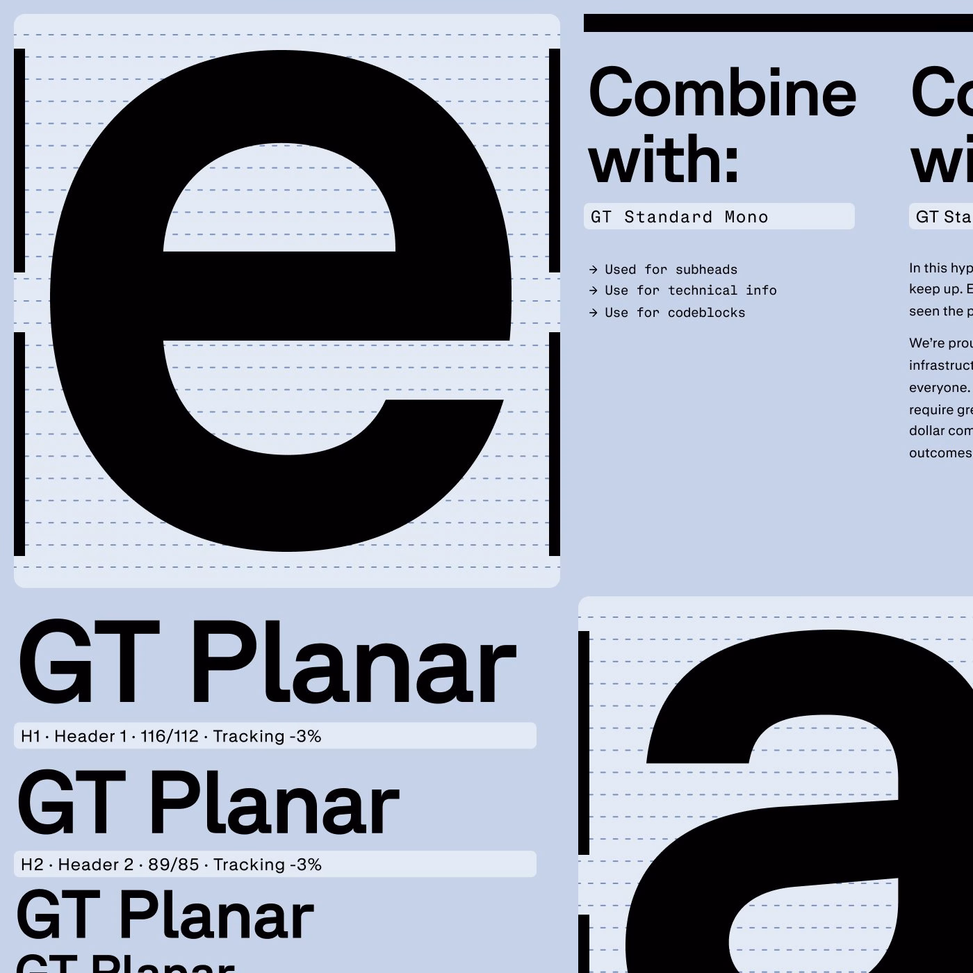 Bold typography features the letter "e" alongside the GT Planar typeface in a soft blue layout, focusing on motion design.