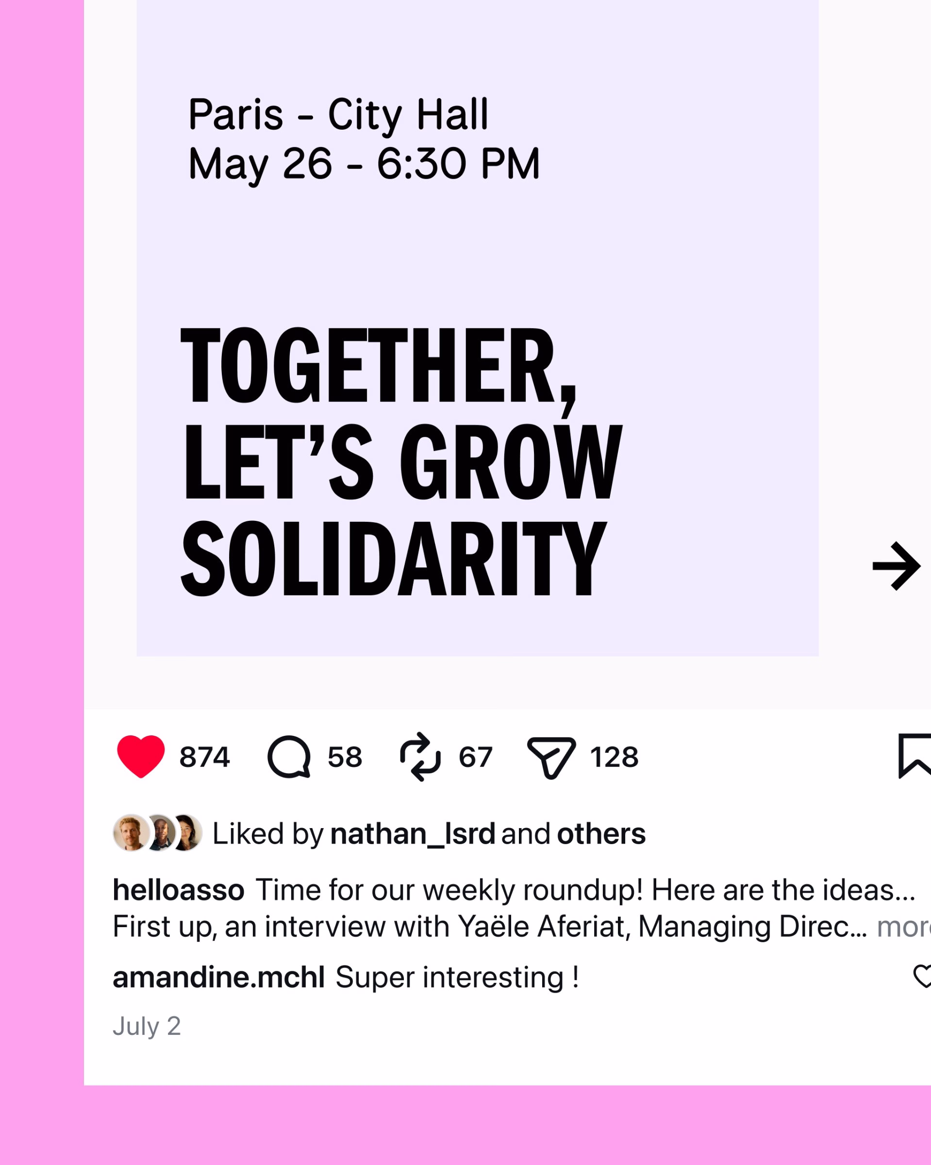 Event poster for HelloAsso featuring bold typography on a pastel background, promoting solidarity at Paris City Hall.