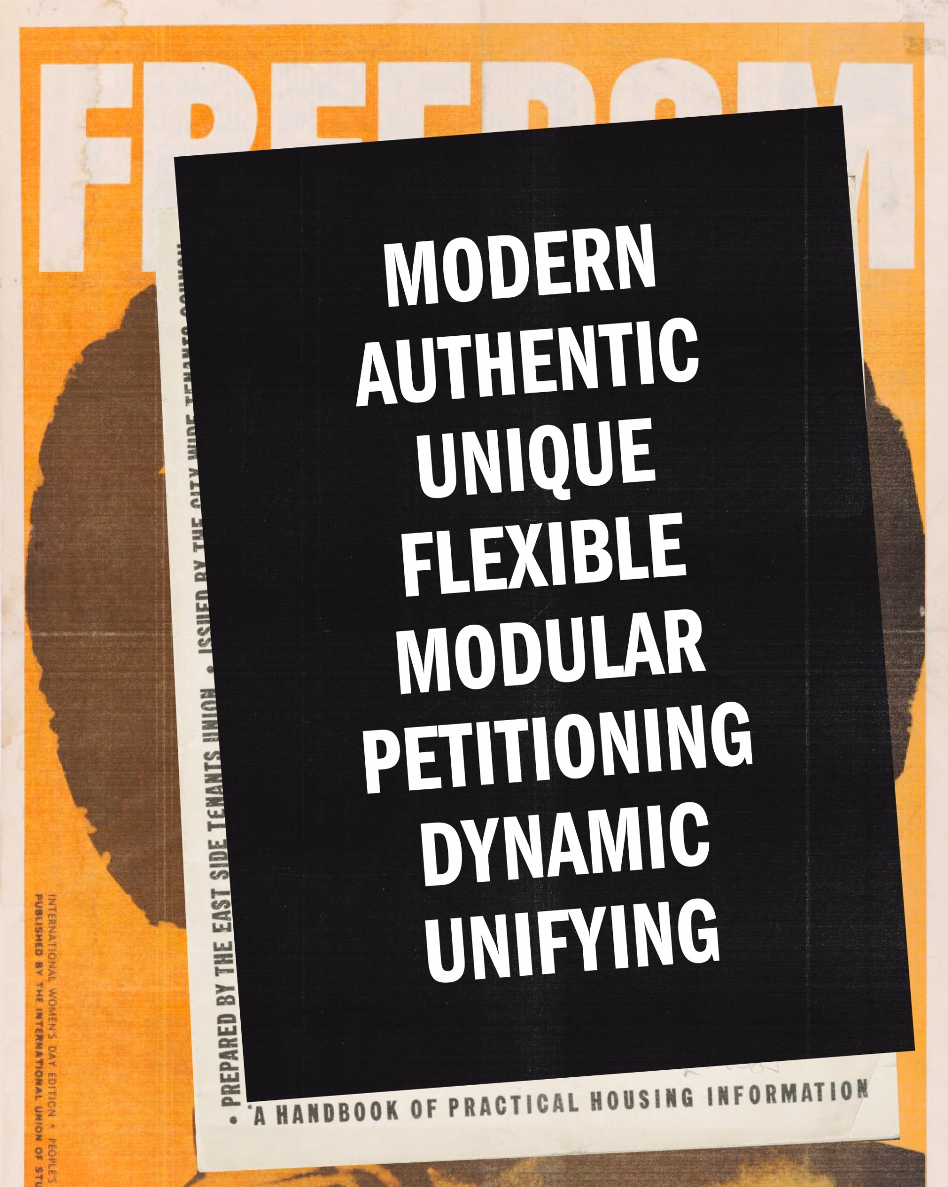 Black overlay with bold white typography listing attributes, layered over an orange background with the word "FREEDOM."