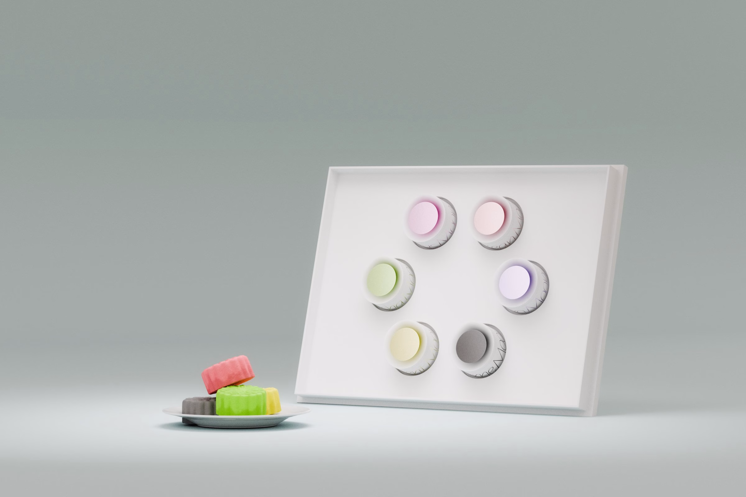 Open LA MAISON gift box with six mooncake tins beside a plate of mooncakes, packaging design