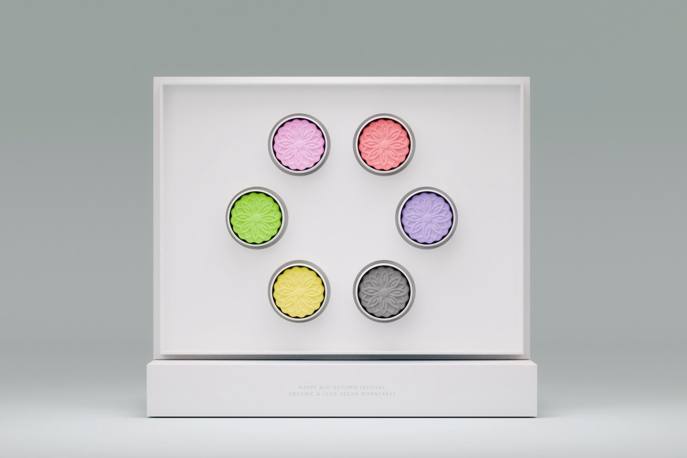 Six coloured mooncakes in round tins inside a white gift box, LA MAISON Moonlit Night