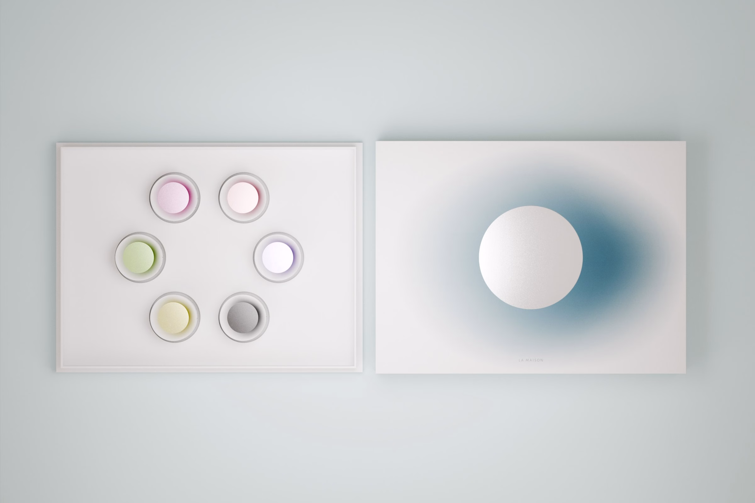 Open mooncake tray beside the moon-printed lid, LA MAISON packaging by House of Ta Studio