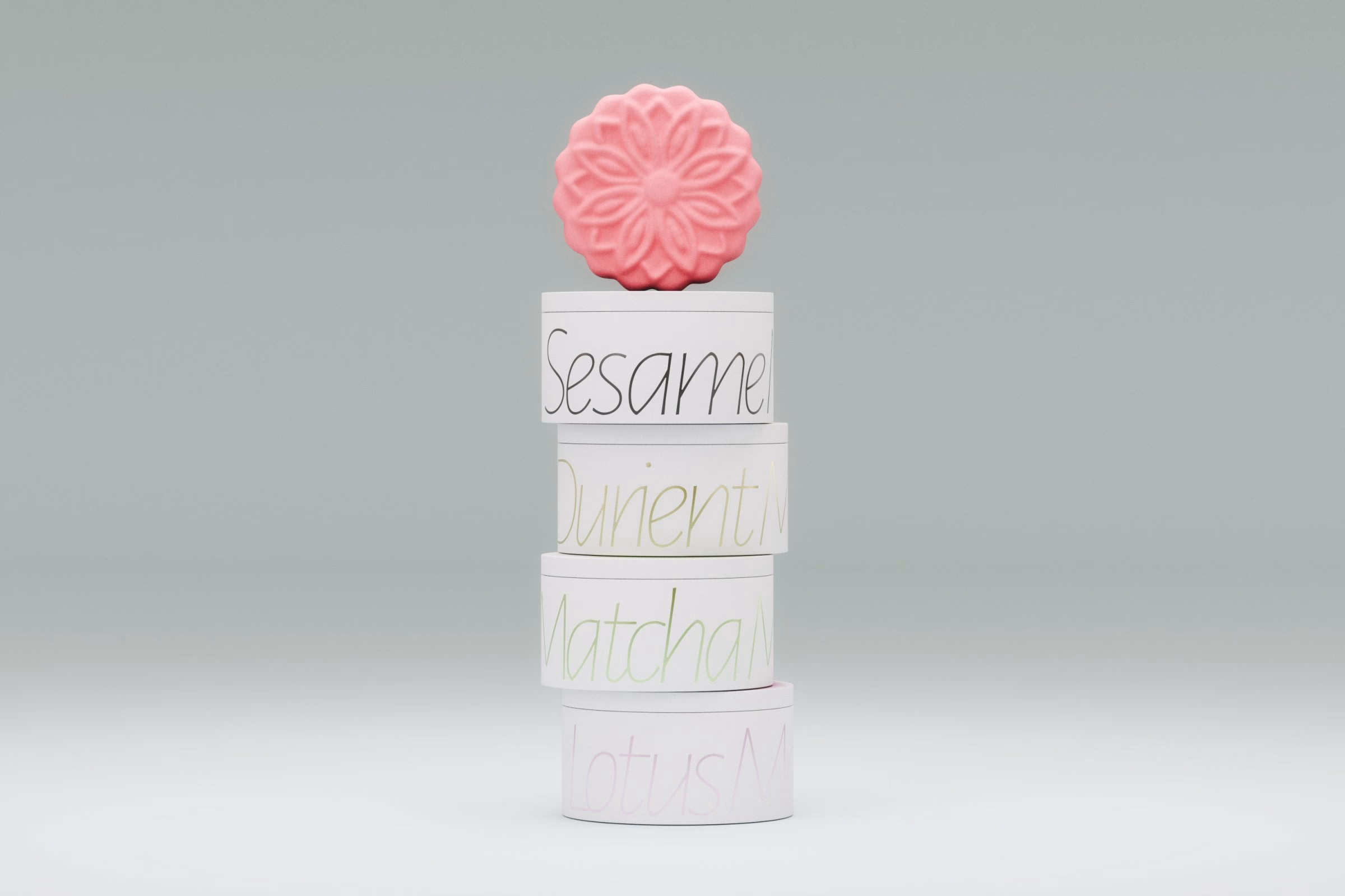Stack of white mooncake tins topped with a pink mooncake, LA MAISON Moonlit Night packaging