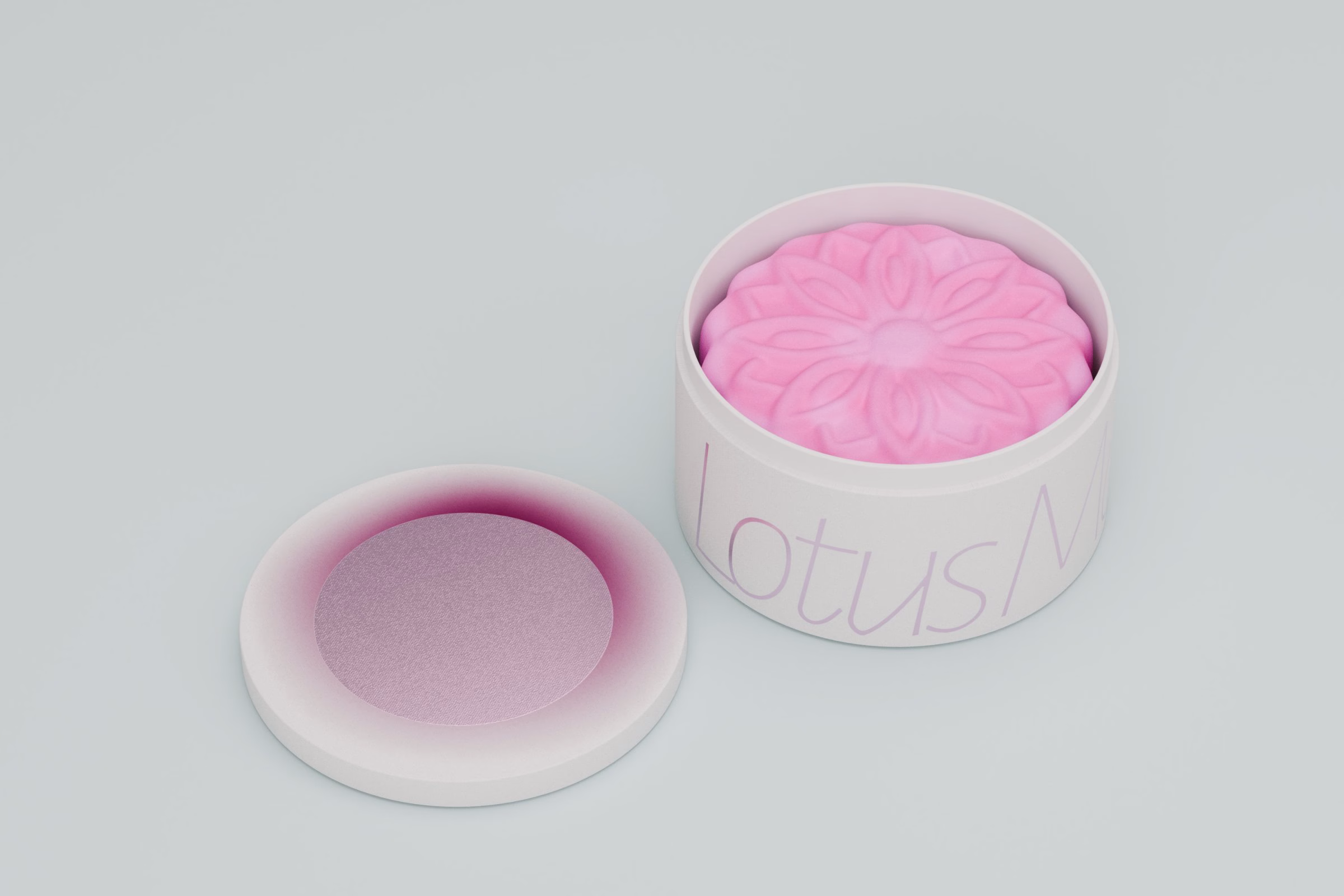 Pink lotus mooncake in an open white tin with a tinted lid, LA MAISON packaging