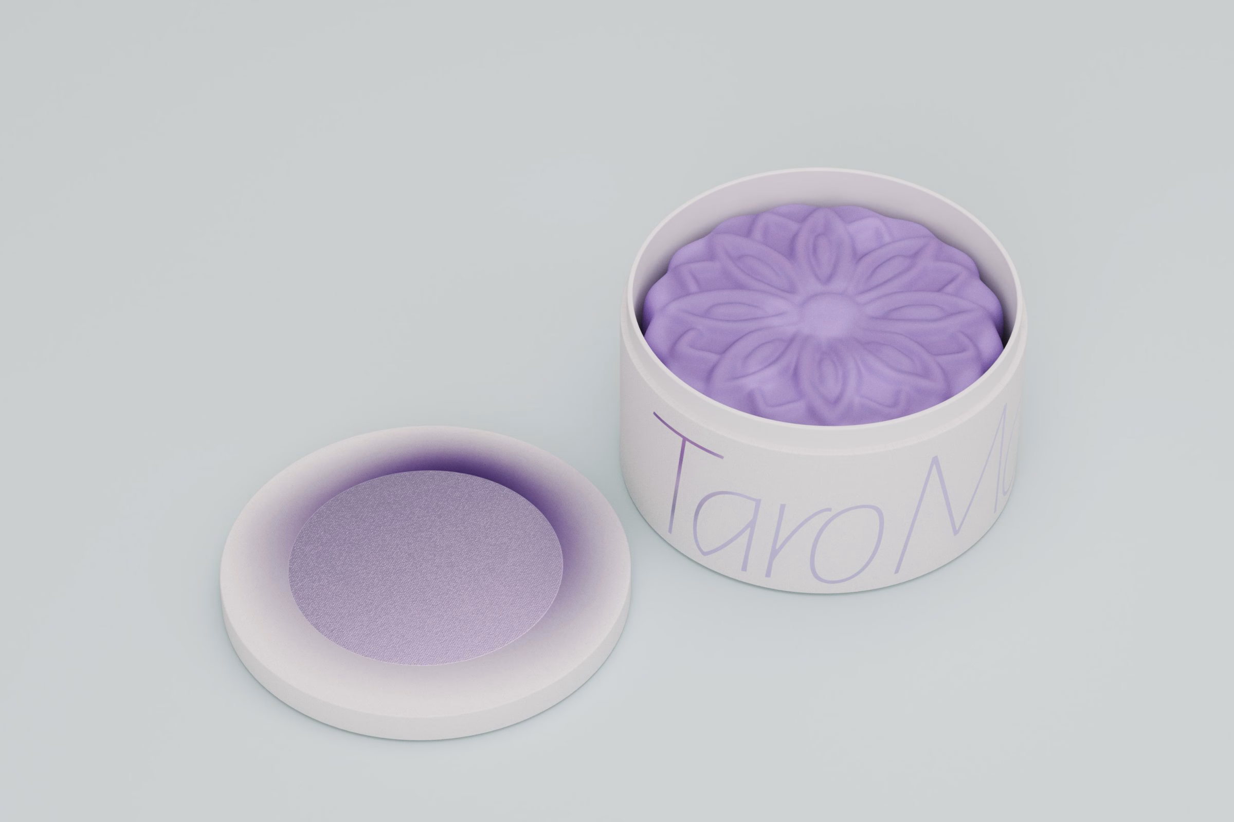 Lilac taro mooncake in an open white tin, LA MAISON packaging by House of Ta Studio