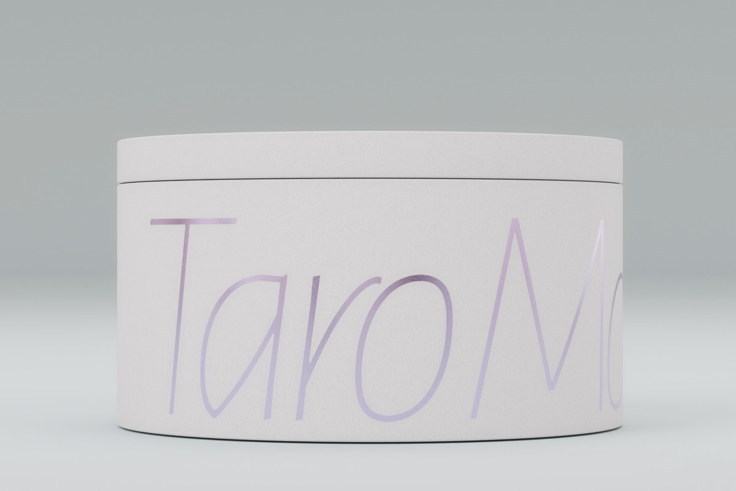 White tin with Taro script lettering, LA MAISON vegan mooncake packaging