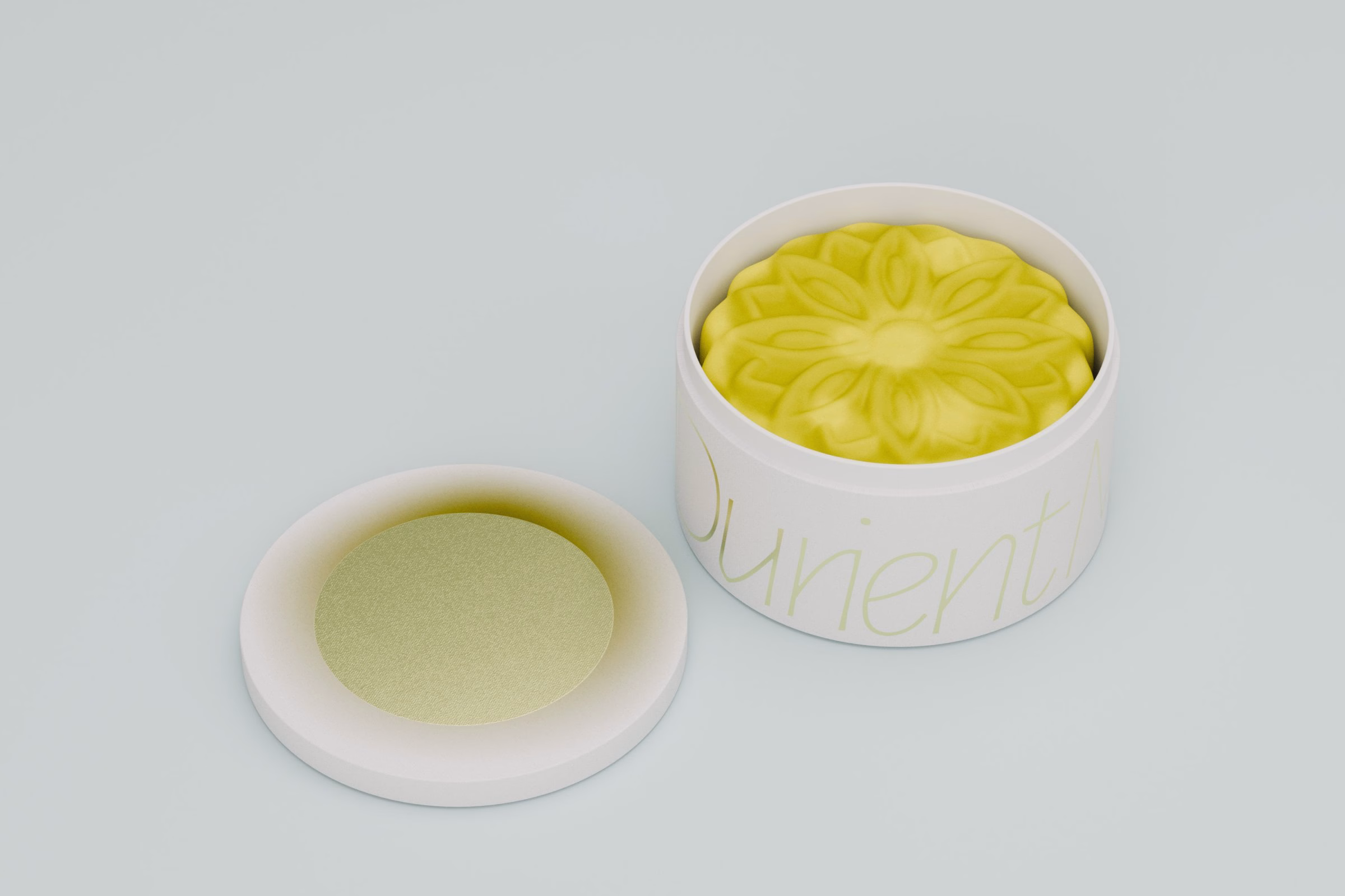 Yellow mooncake in an open white tin with a tinted lid, LA MAISON packaging