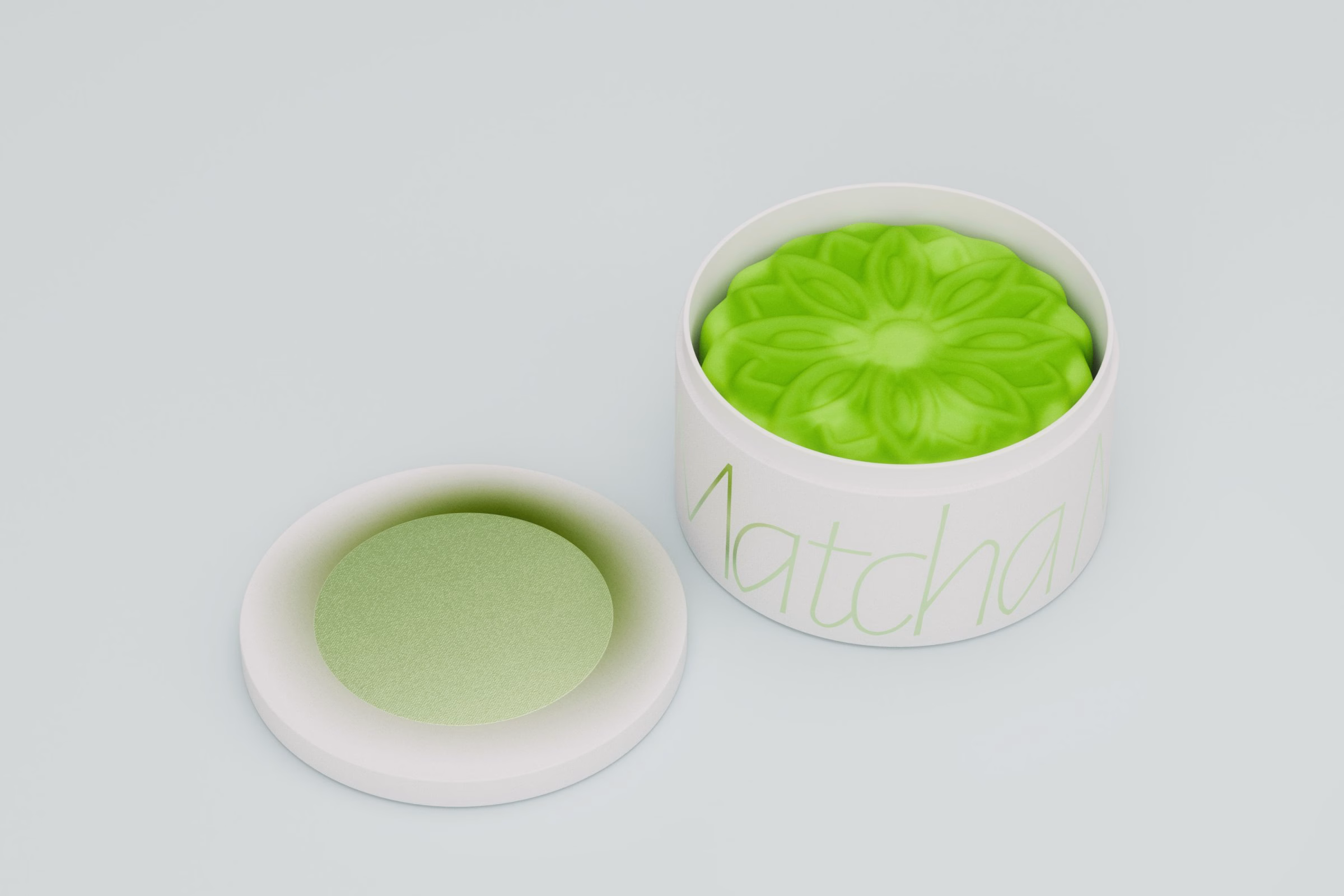 Green matcha mooncake in an open white tin, LA MAISON packaging by House of Ta Studio