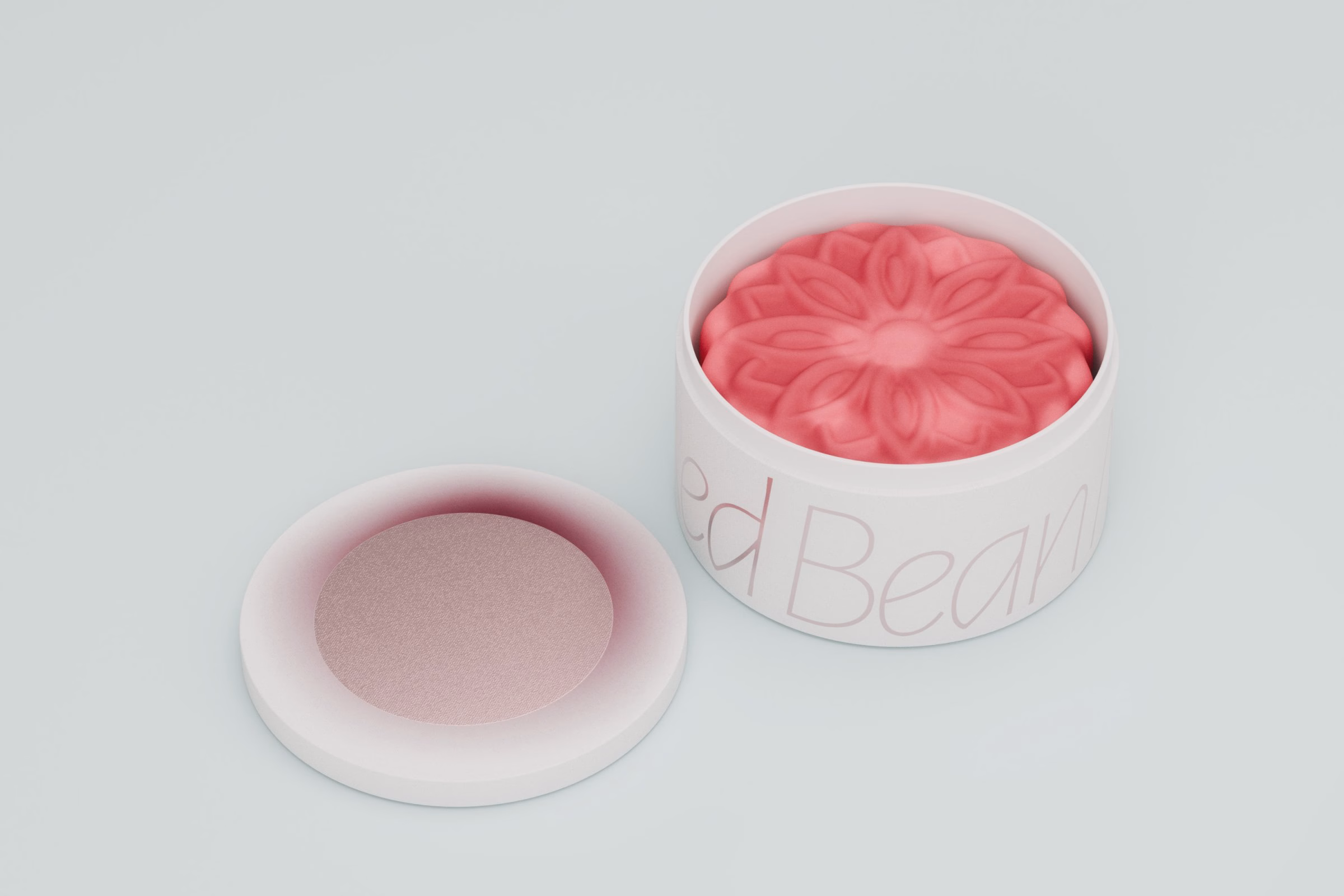 Coral red bean mooncake in an open white tin, LA MAISON packaging