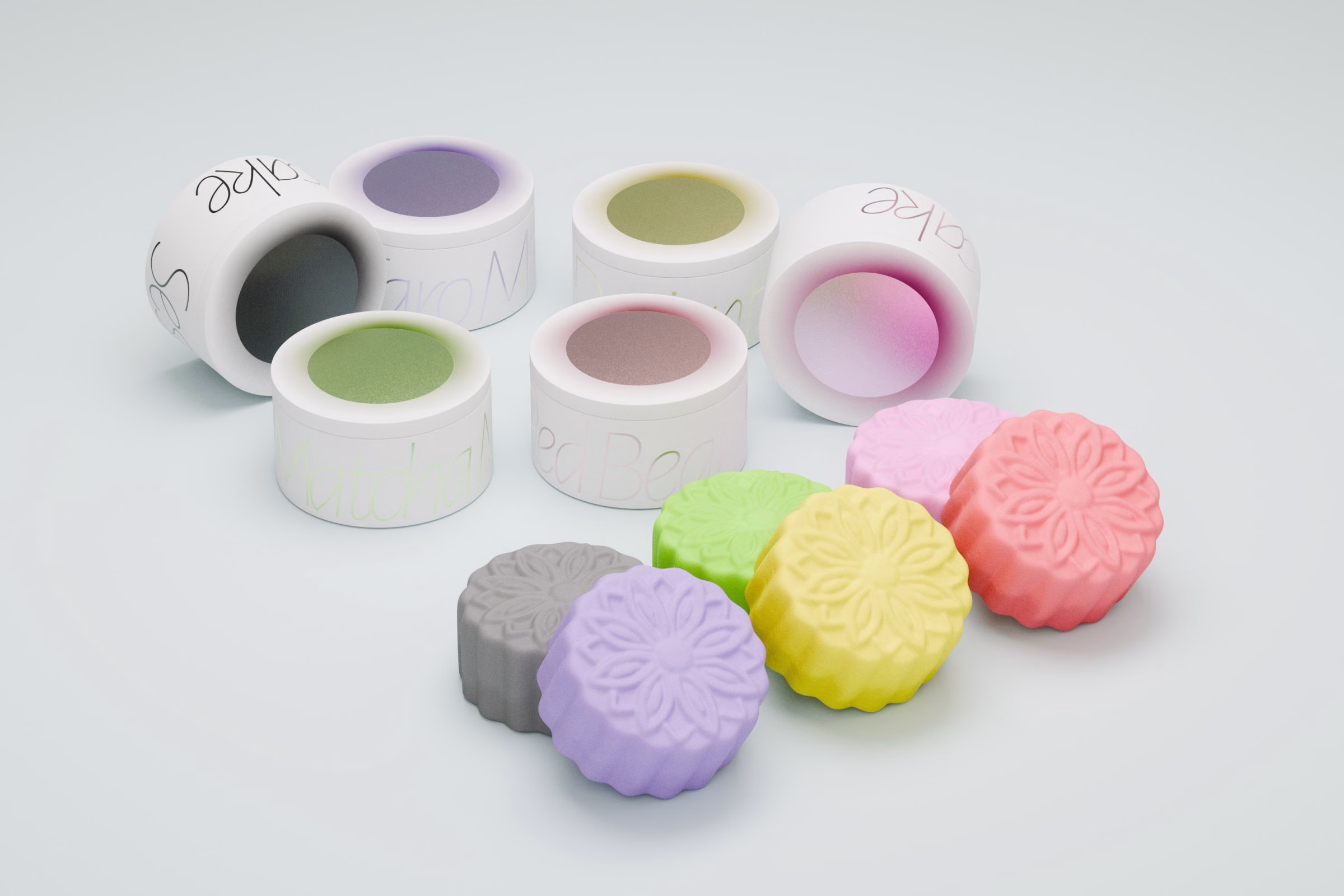 Six flower-pressed mooncakes scattered among open white tins, LA MAISON Moonlit Night