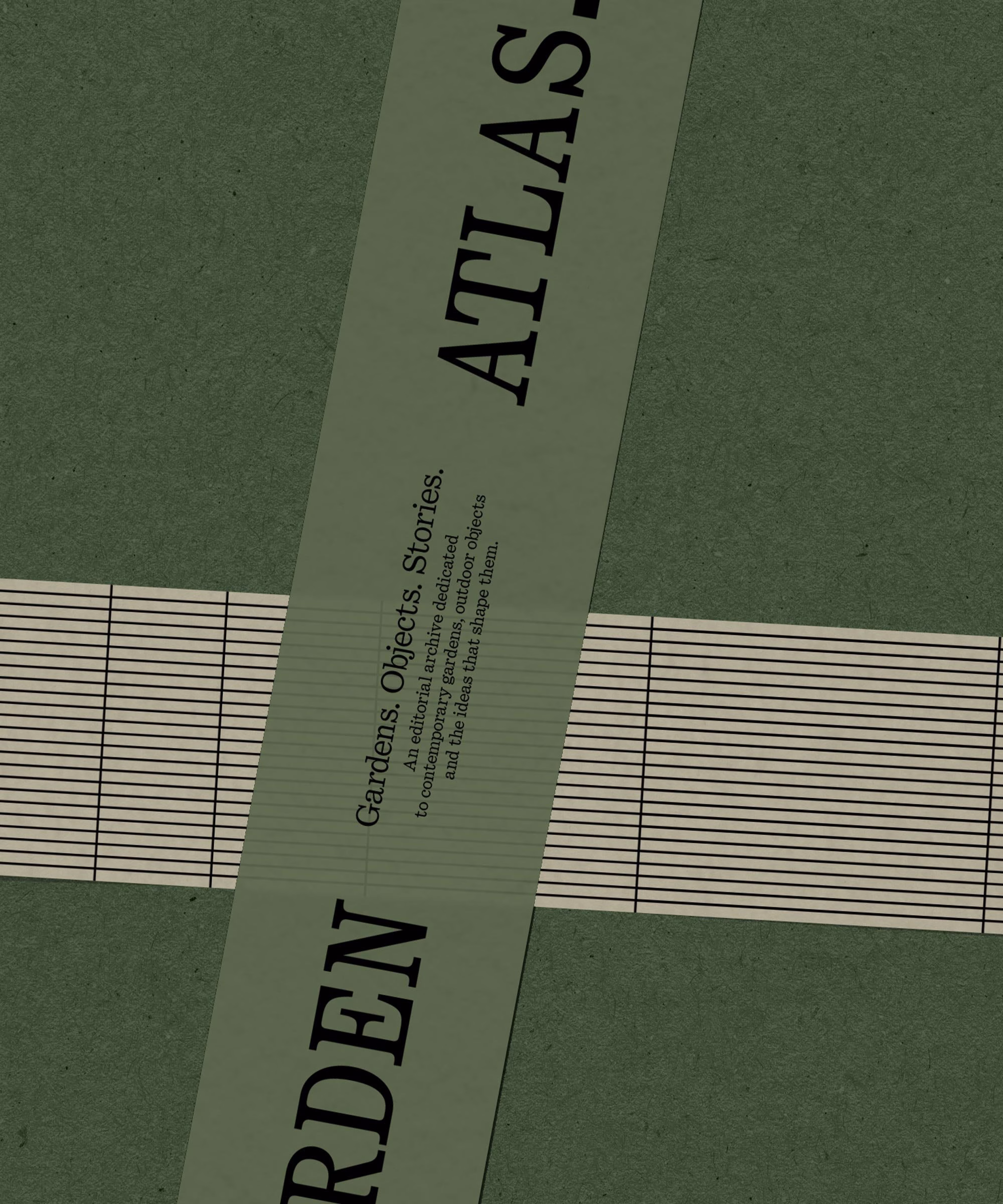 A lichen green cover featuring bold typography for "Atlas Garden," with a striped band and descriptive text below.