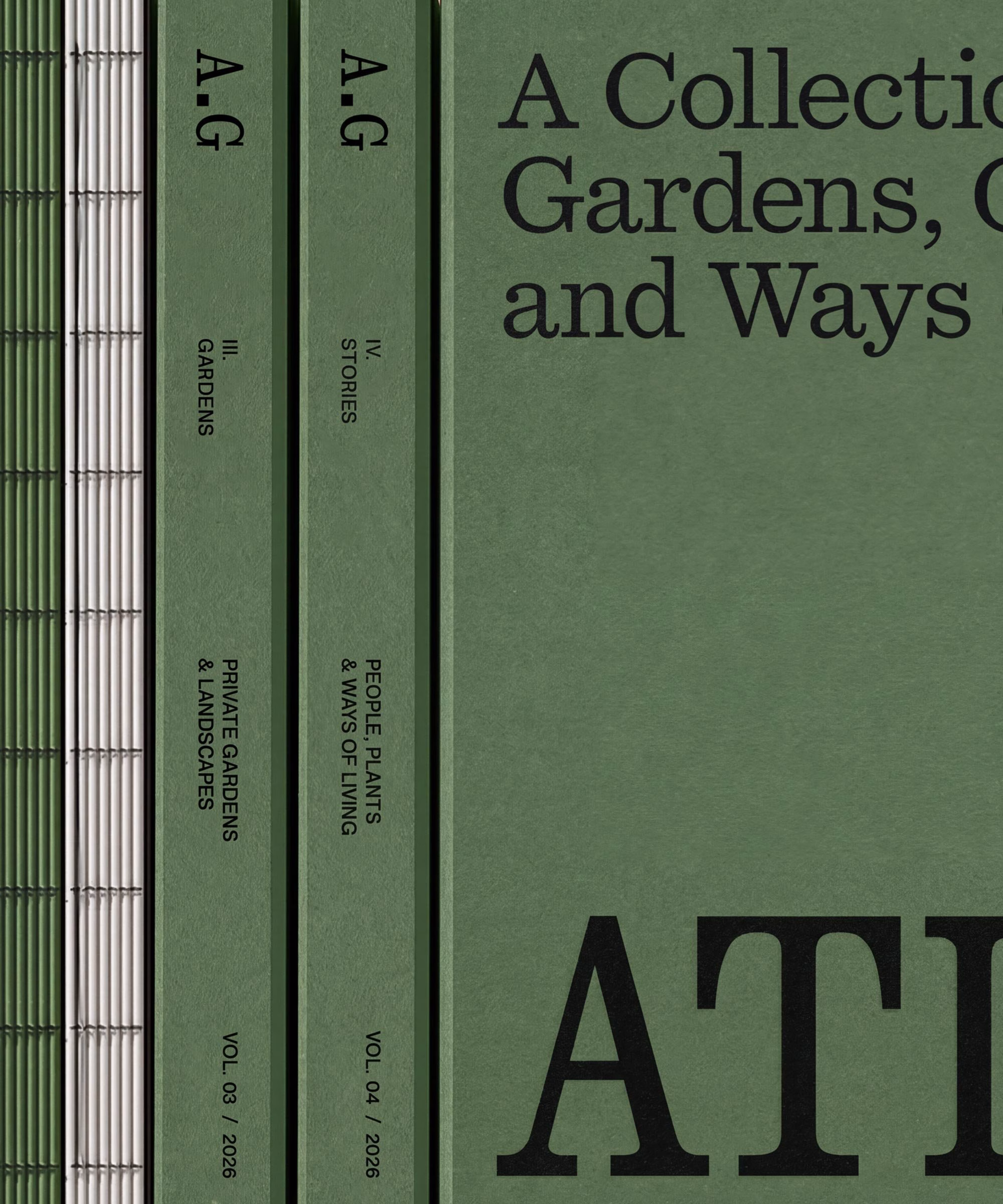 A series of green books titled "A Collection of Gardens, Objects and Ways," showcasing bold typography and design.