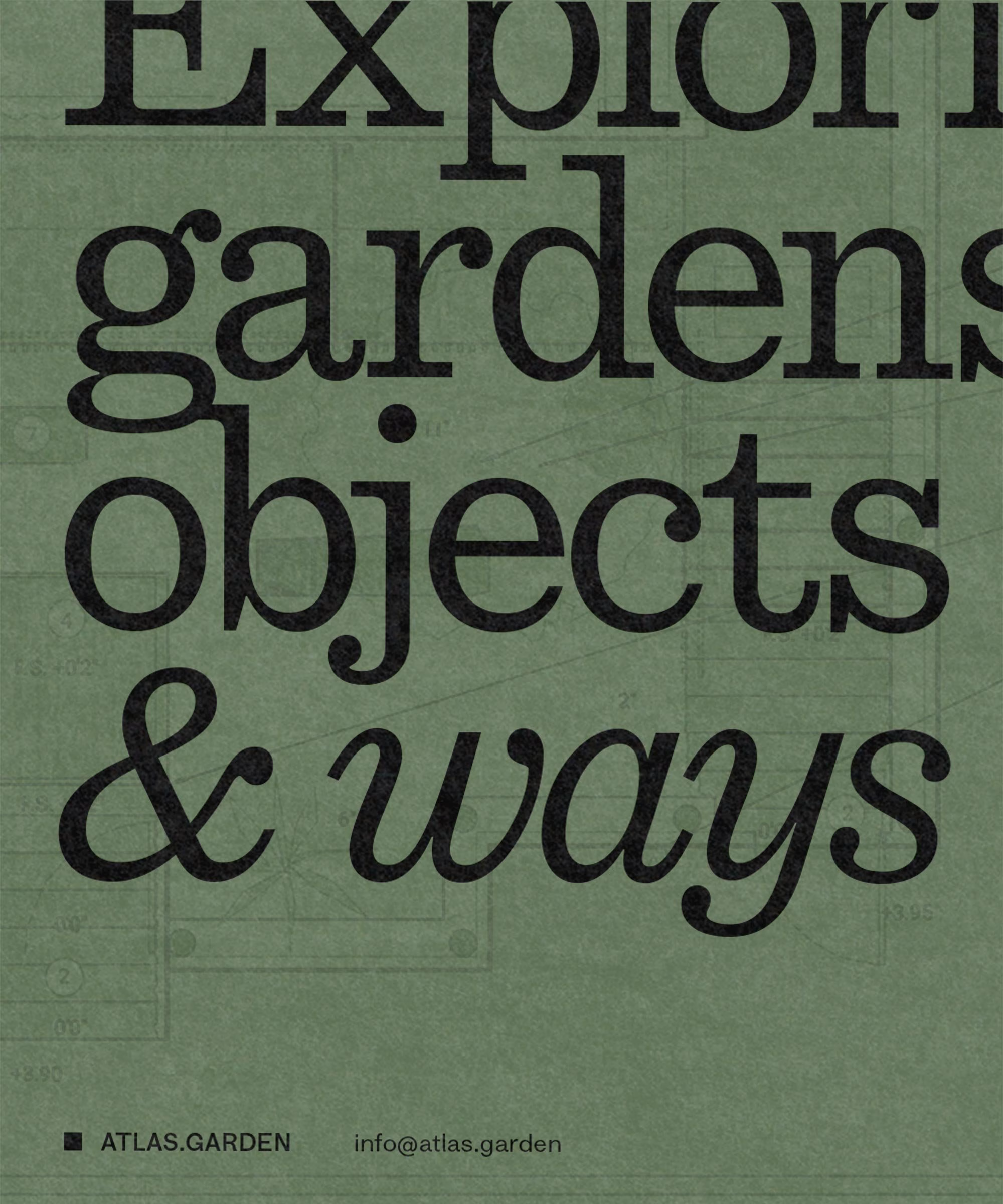 Text in bold typography states "Explore gardens, objects & ways" on a lichen green background with design sketches.