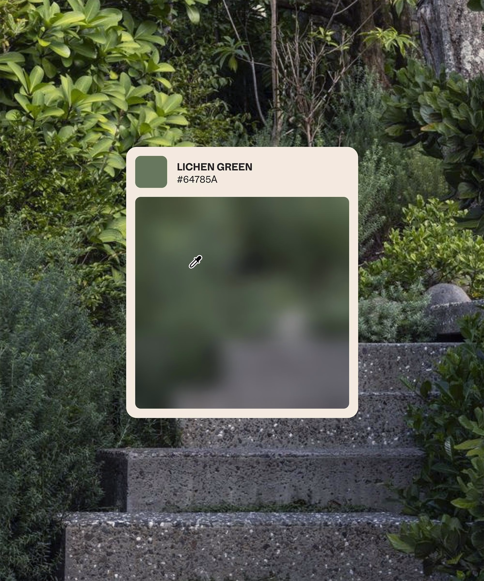 Lichen green color swatch over a lush garden scene with stone steps and varied green foliage, showcasing the project Atlas Garden.
