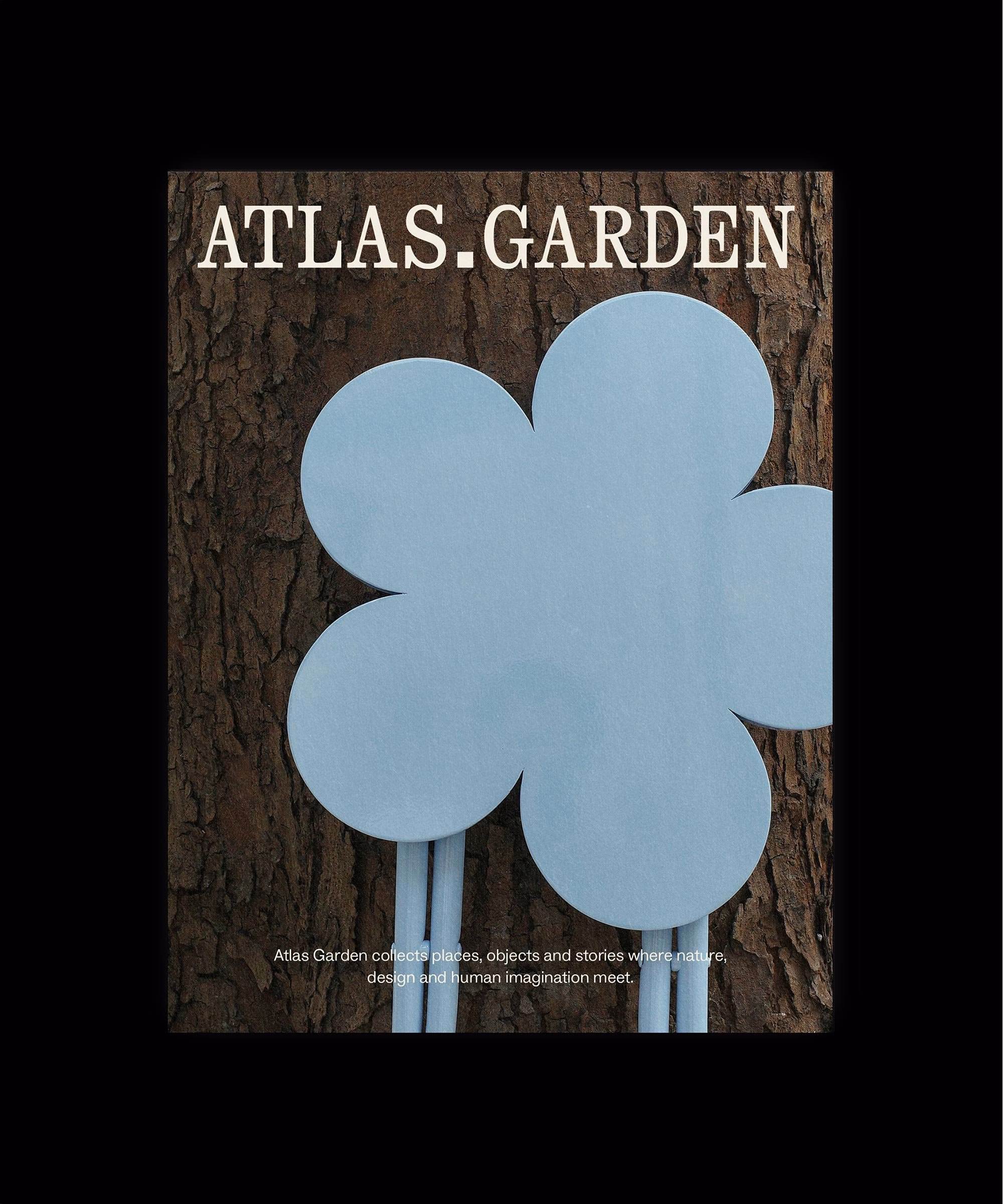 Cover featuring a light blue flower shape against a textured brown bark background, showcasing Atlas Garden's branding.