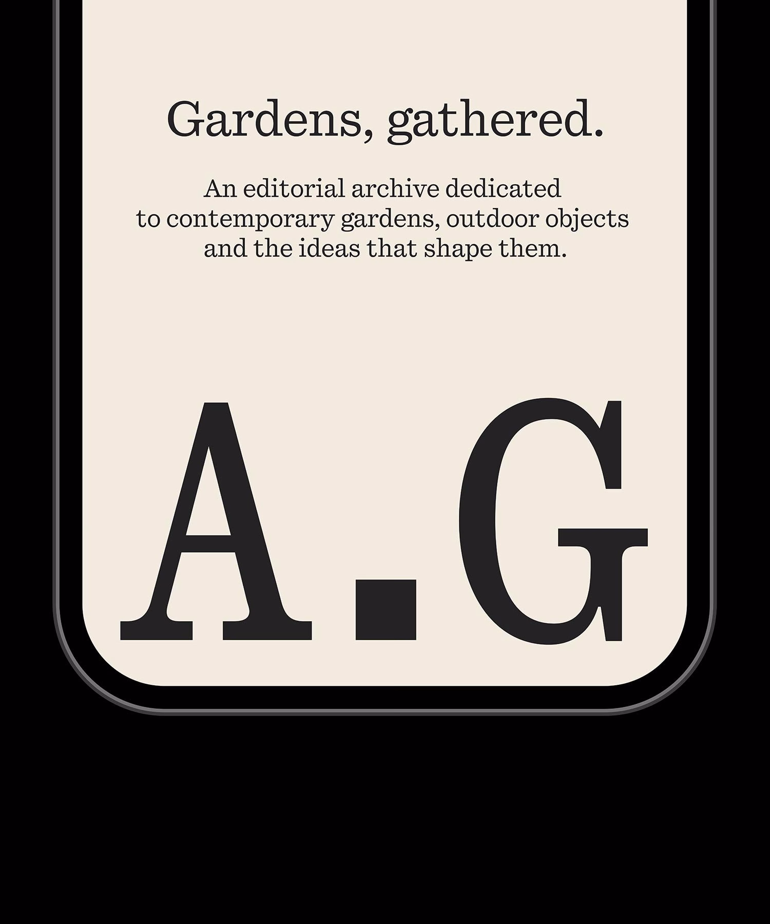 Lichen green background with "Gardens, gathered." and "A.G." in contrasting typography for an editorial archive design.