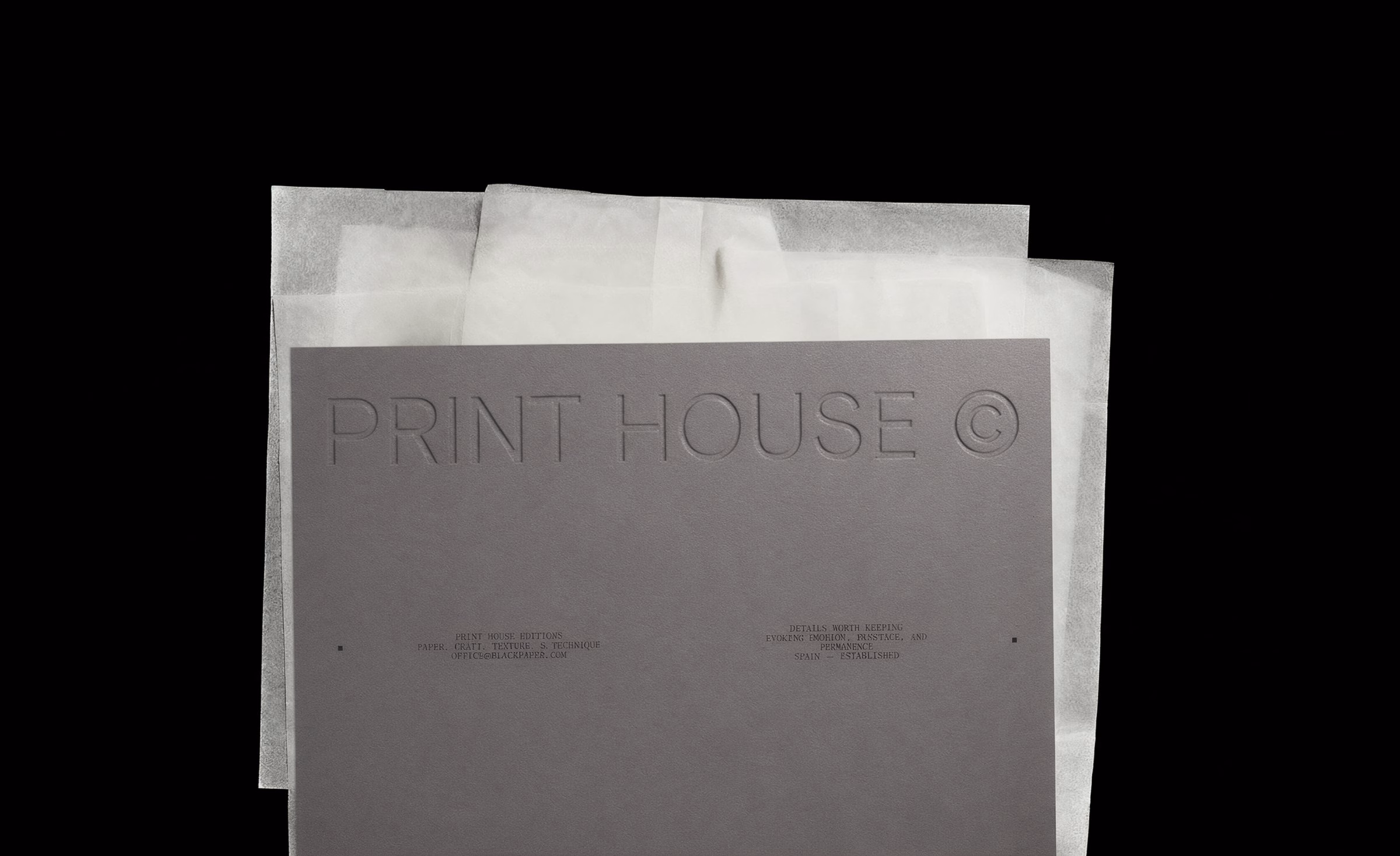 Tone-on-tone Print House wordmark on grey card over glassine sheets, Black Paper identity by DOMINGO.