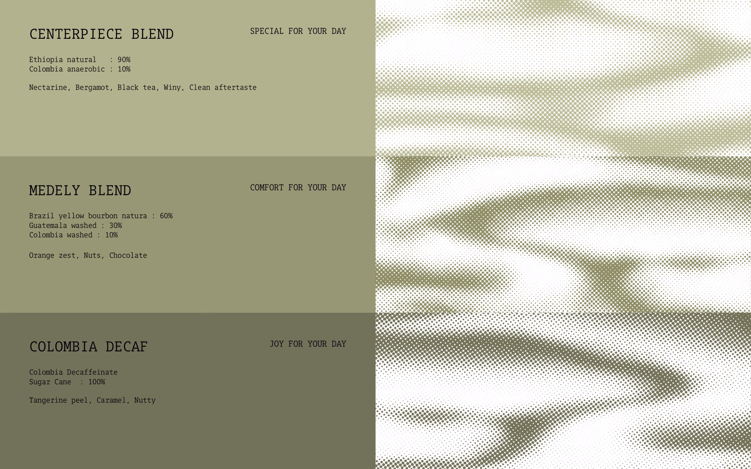Packaging design for Fig Coffee features a green gradient background with simplified coffee blend descriptions.