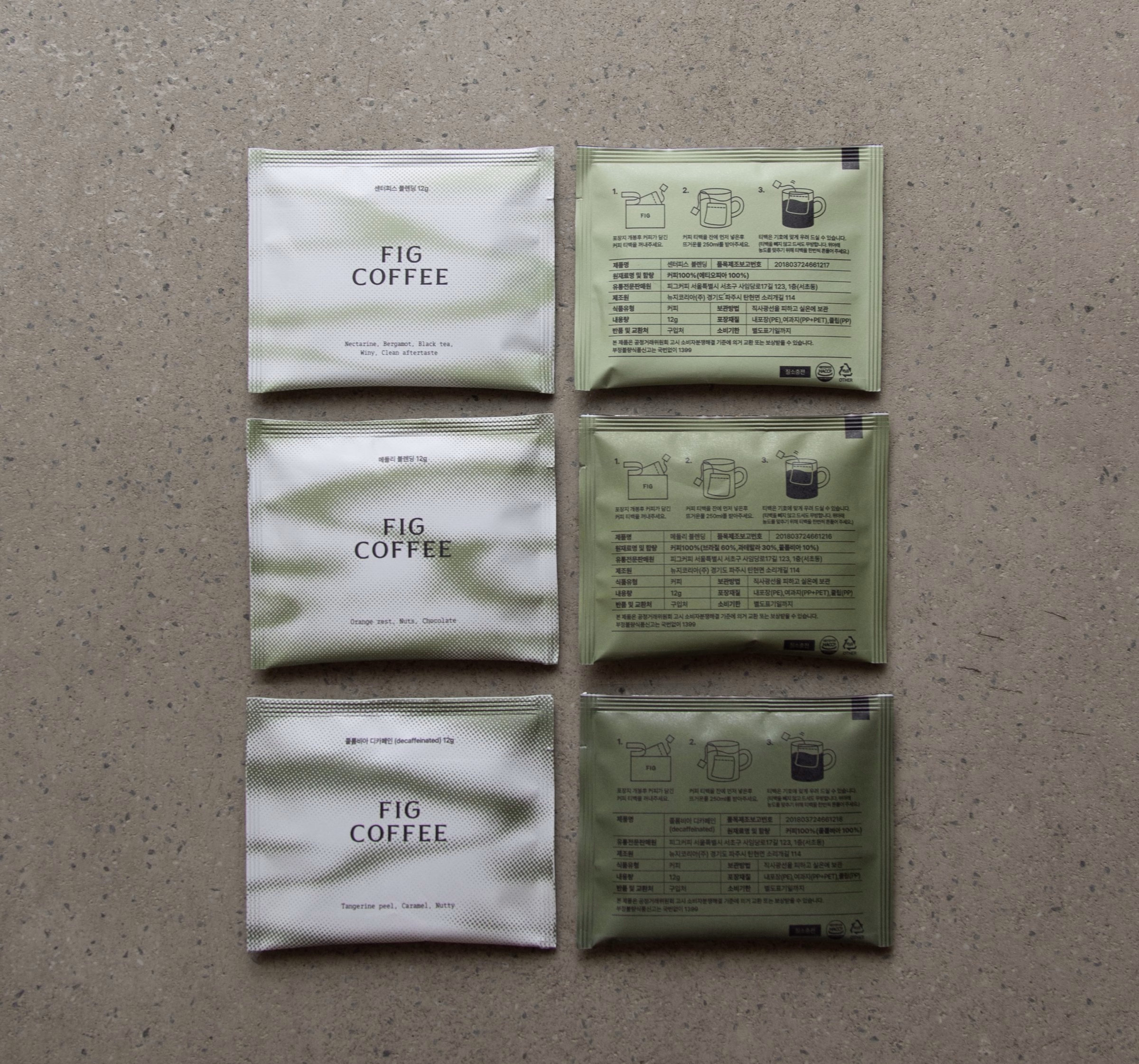 Fig Coffee drip-bag sachets in green and white laid in a grid