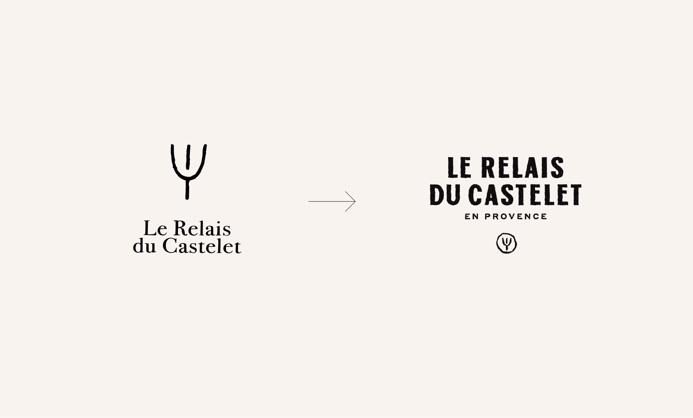 Logo evolution for Le Relais du Castelet, showcasing bold hand-drawn typography and a simplified fork icon.