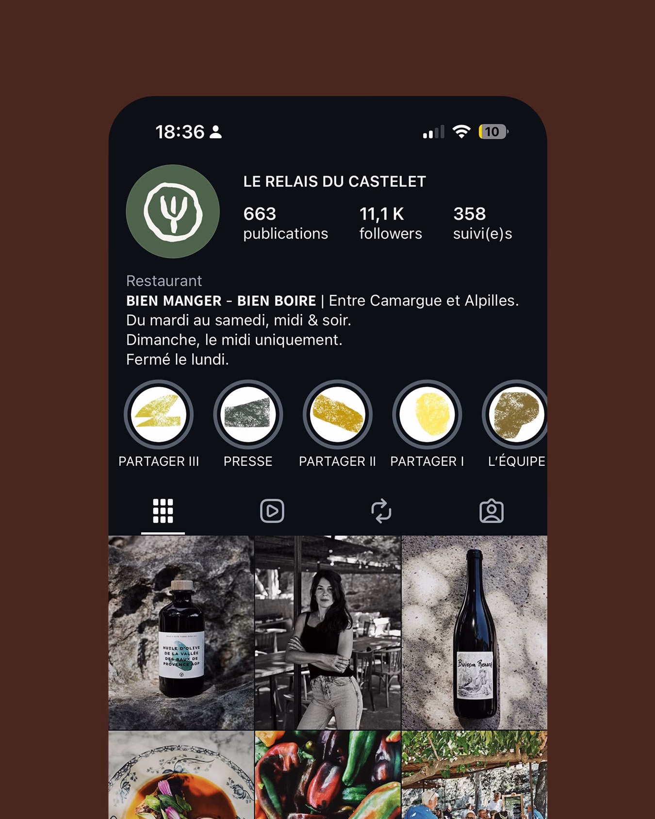 Instagram profile for Relais du Castelet featuring hand-drawn typography and images of food and wine.