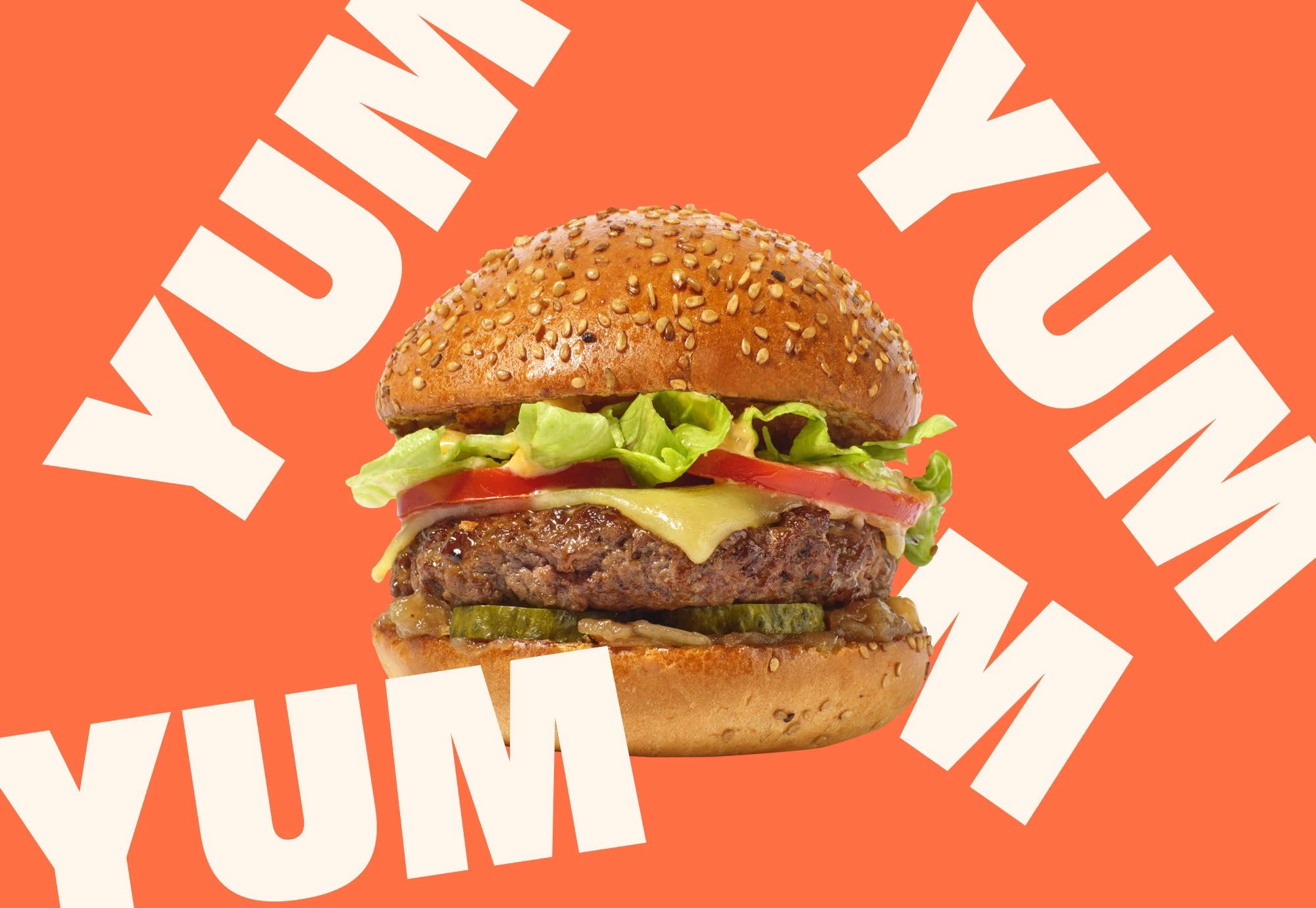 A sesame-seed bun burger features lettuce, tomato, cheese, and pickles against a bright orange background with bold text.