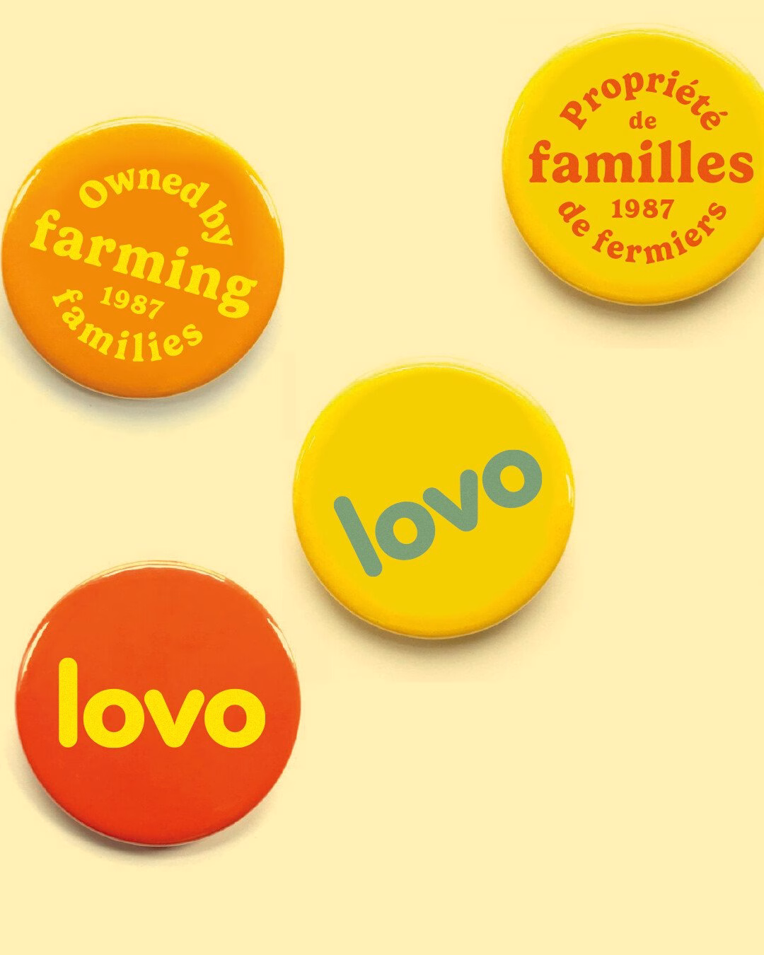 Four colorful buttons featuring the word "lovo" in playful typography and a yellow button stating "Owned by farming families."