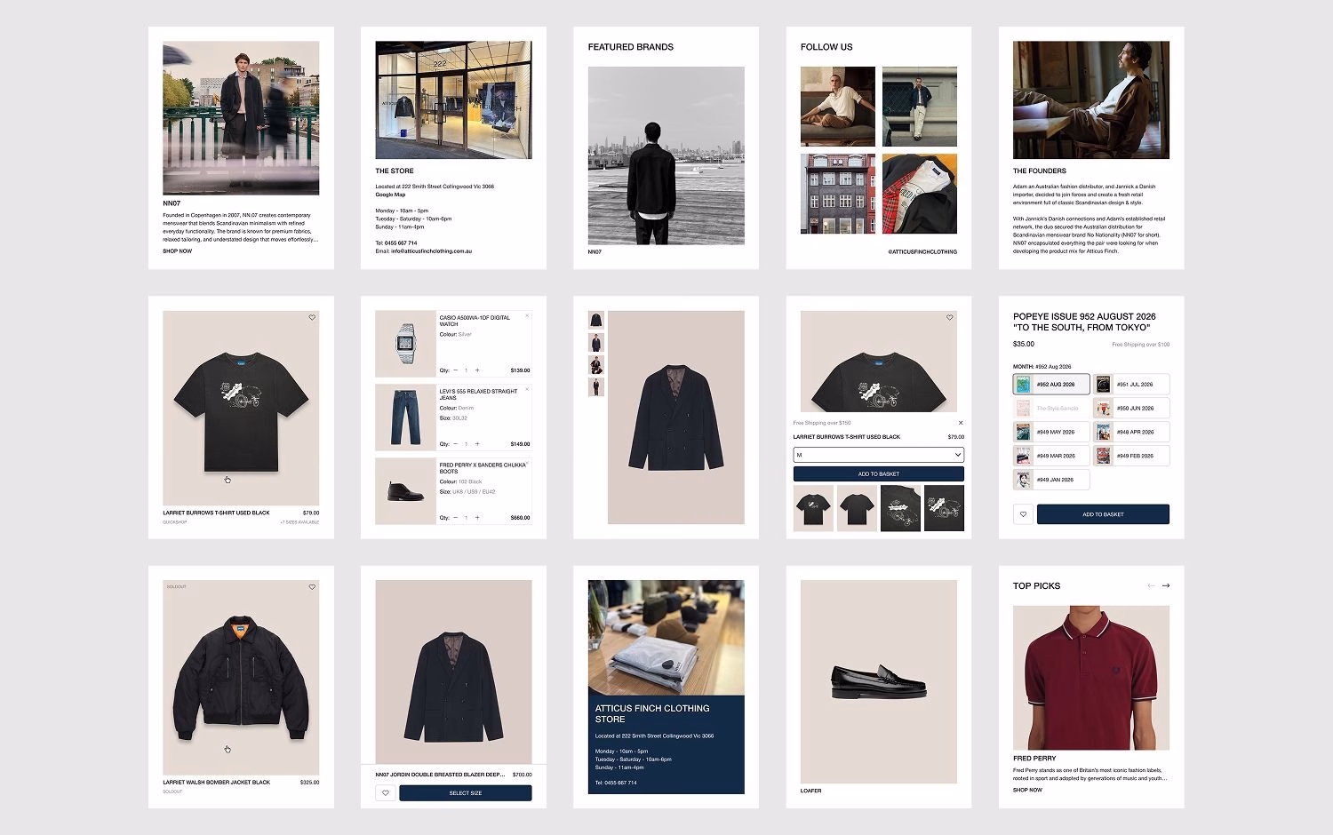E-commerce web design featuring menswear with products and a minimalist layout in neutral tones for Atticus Finch Clothing.
