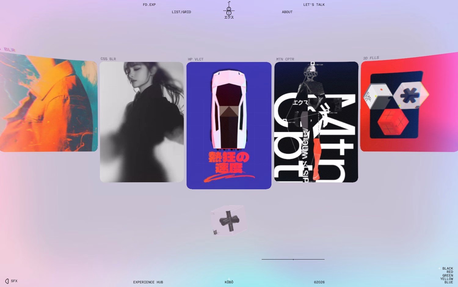 Colorful digital cards display various design experiments, showcasing a blend of interactive web design elements.