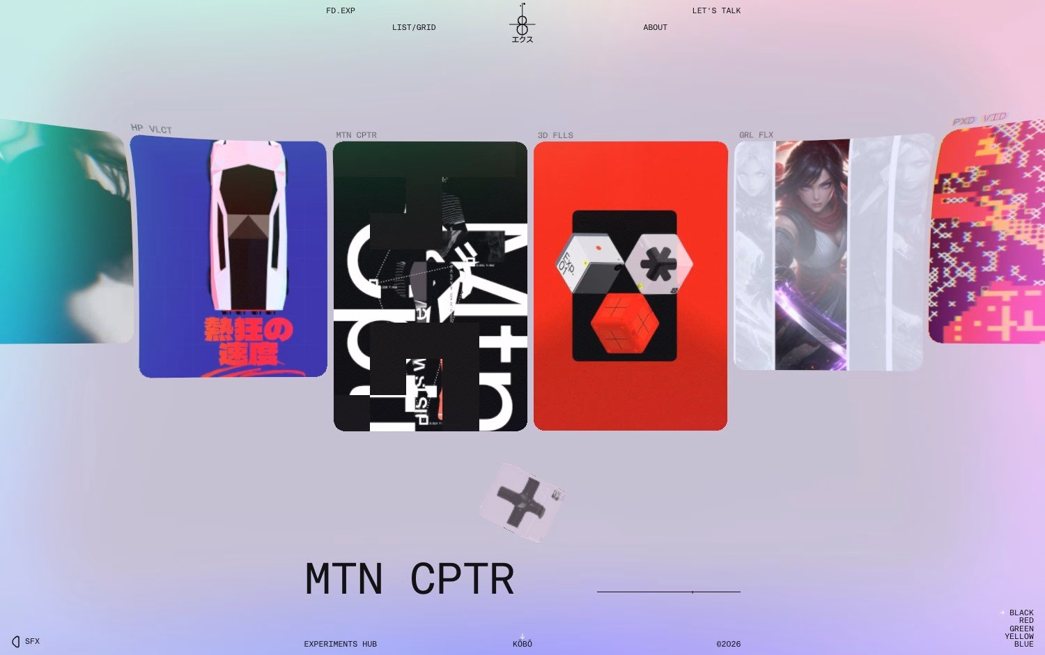 A vibrant web interface showcasing various experimental digital design cards with bold typography and dynamic colors.