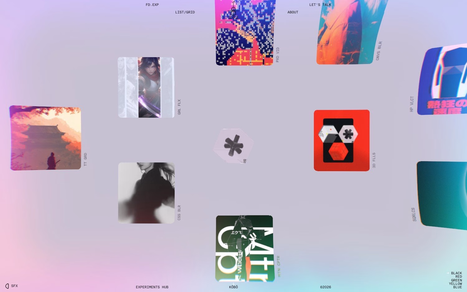 Interactive layout featuring colorful graphic cards displaying varied designs against a soft gradient background.