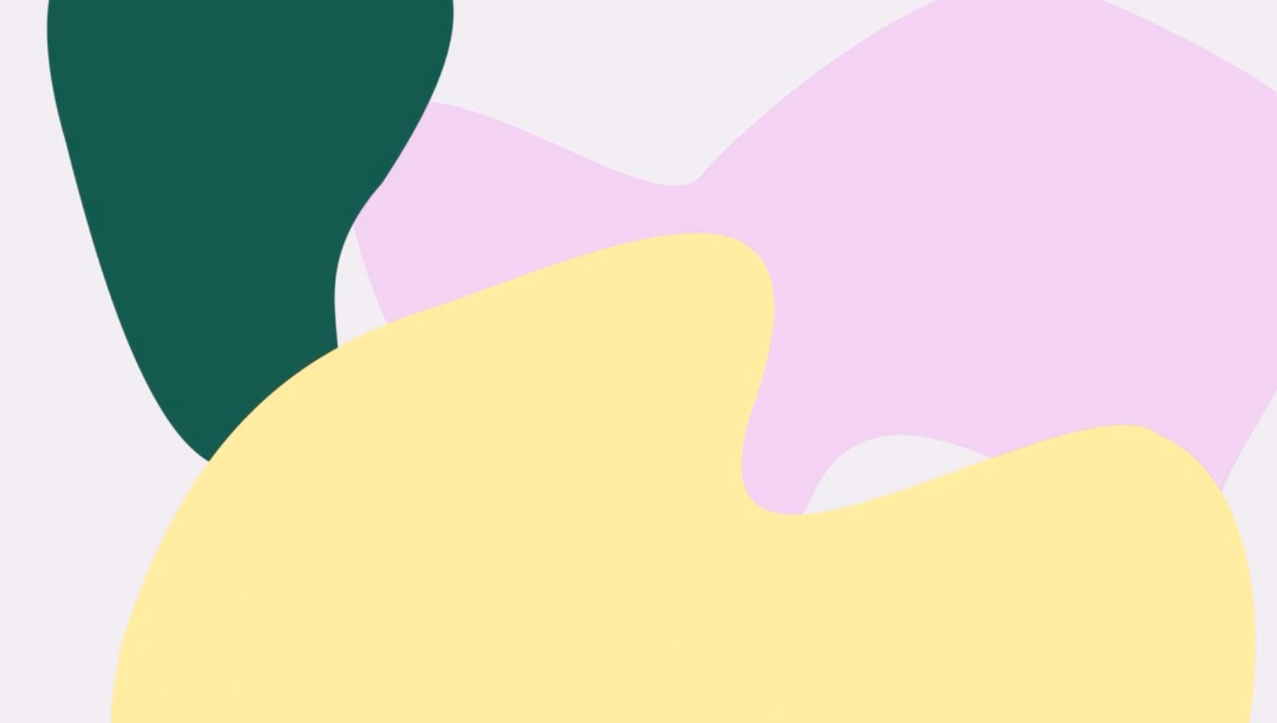 Abstract shapes in green, pink, and yellow overlap against a light gray background, creating a fluid composition.