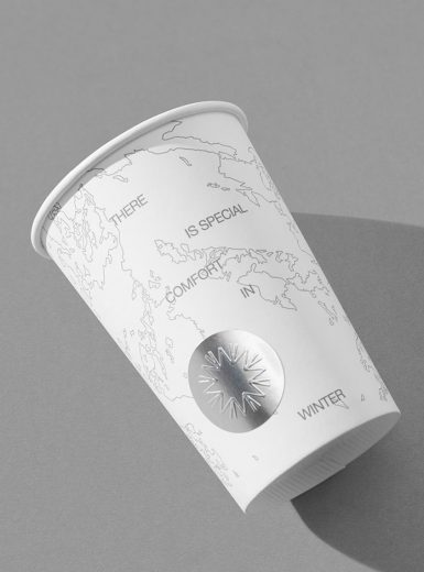 Winter, cafe, coffee store, brand, branding, visual identity, design, coffee cups, embossed, stickers, stationary, sign, pattern, Mindsparkle Mag
