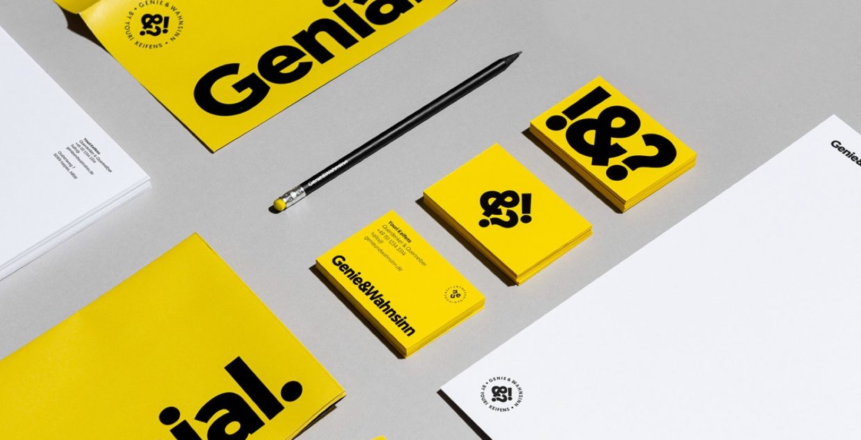 Design, Lukas Diemling, photography, Dominic Erschen, Genie & Wahnsinn , German, for Genius & Madness, copywriter, punctuation marks, »! &?«, typographic logo, logo, typography, brand, playful, Bold, Yellow, Self-confident, modern, identity